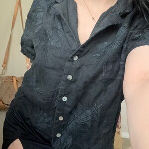 Black Button-Up Shirt with Leaf Pattern